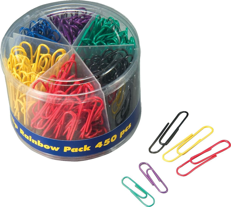 Officemate Plastic Coated Paper Clips, Assorted Sizes, Assorted Colors, 450/Pack