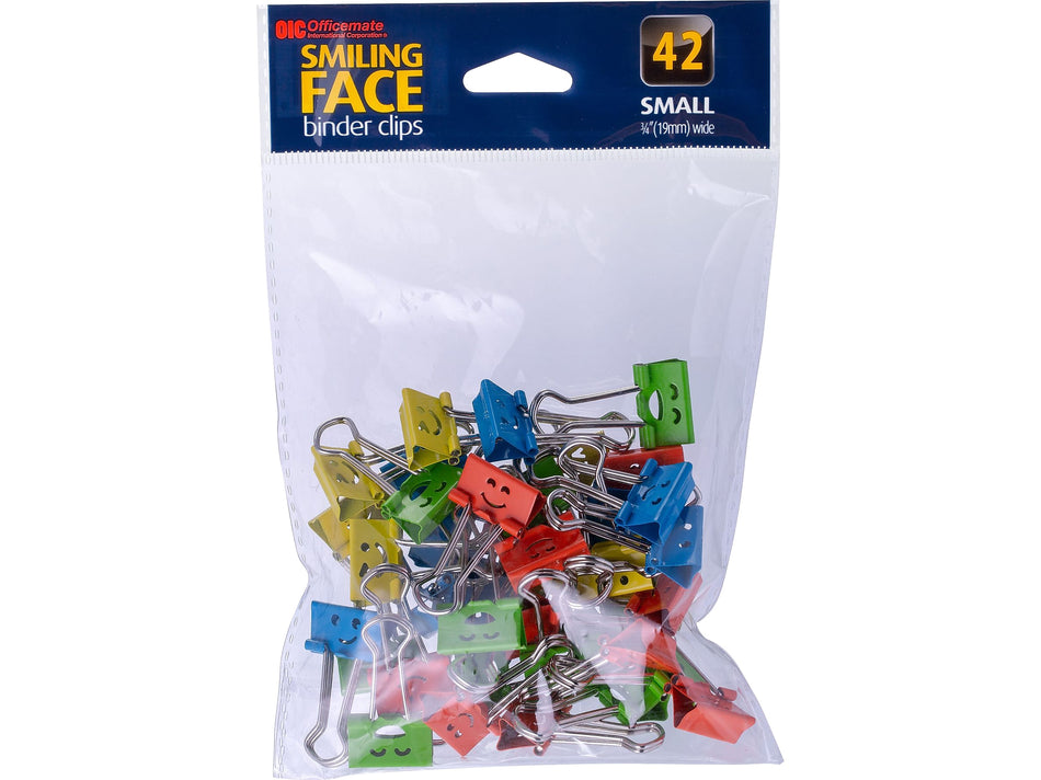 Officemate Smiling Face Small Binder Clips, 0.38" Capacity, Assorted Colors, 42 Clips/Pack
