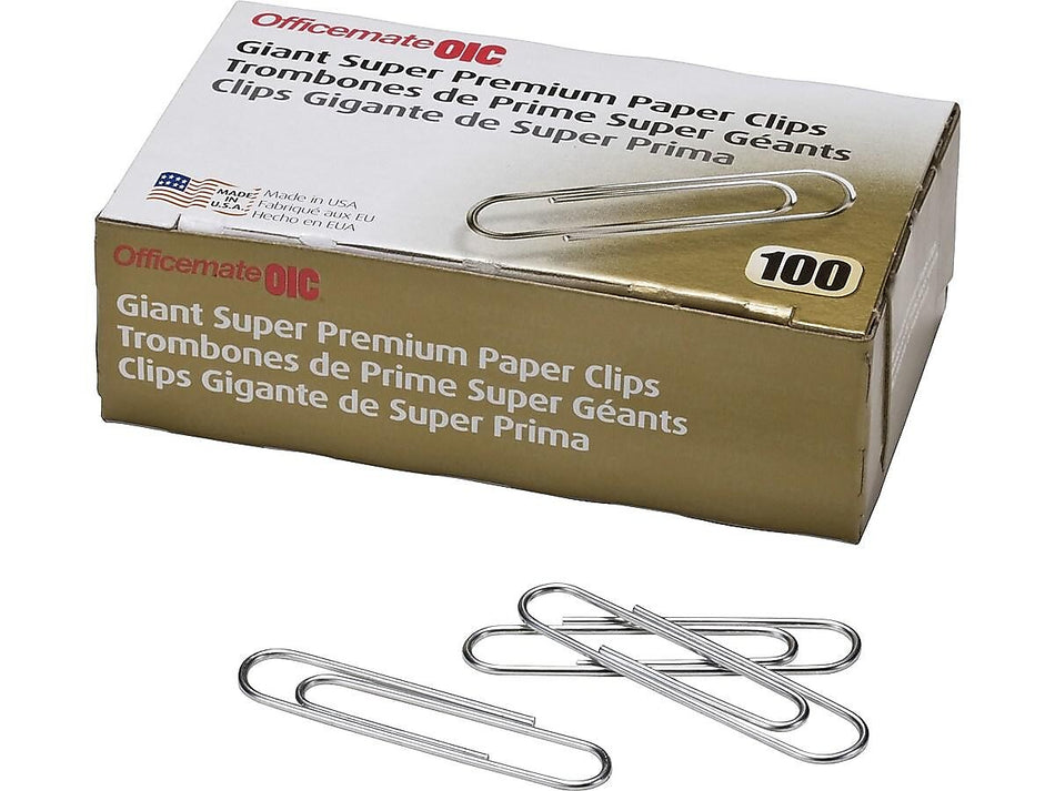 OfficeMate Super Premium Jumbo Paper Clips, Silver, 100 Clips/Box, 10 Boxes/Pack