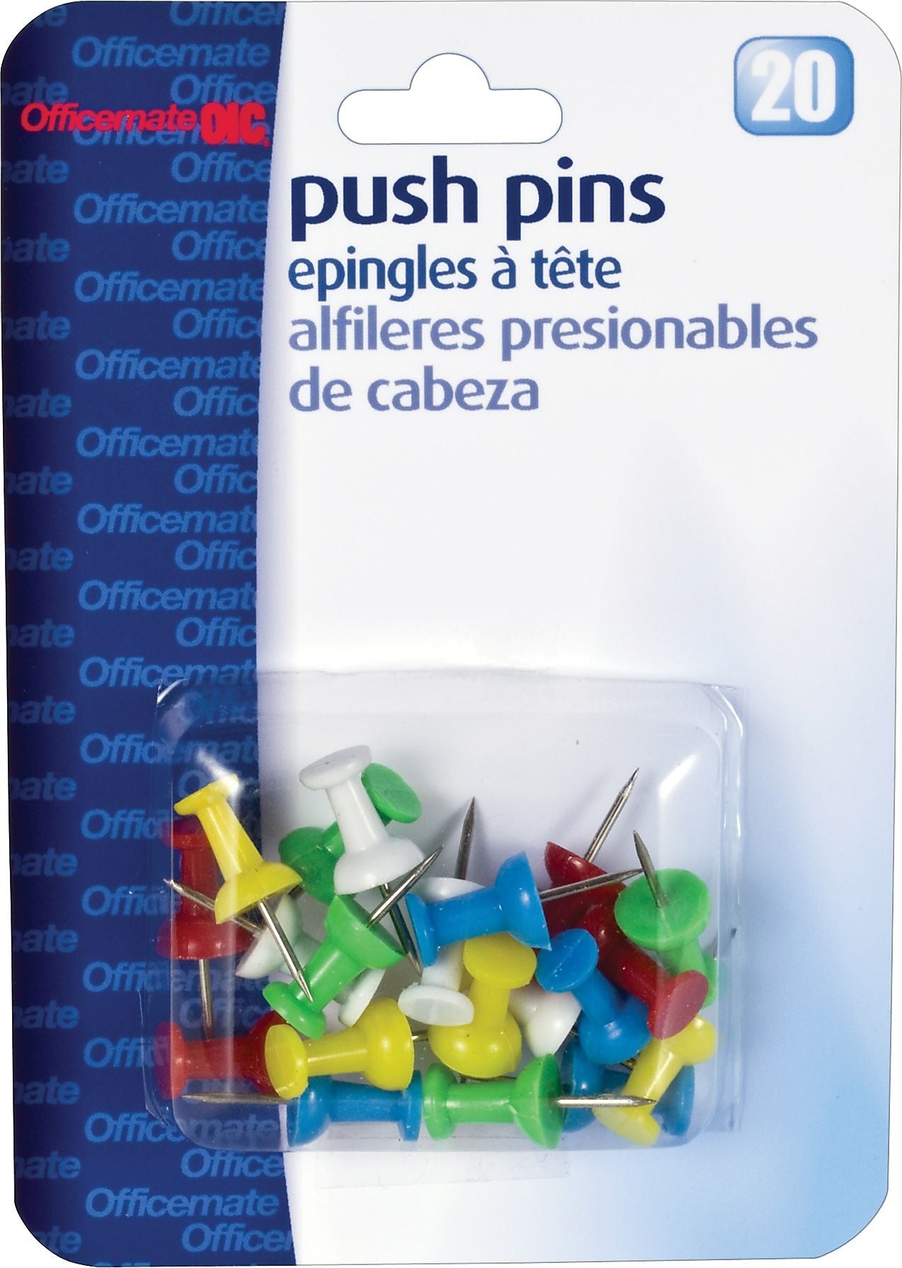 OIC Push Pins, Plastic, Assorted Colors, 20/Pack