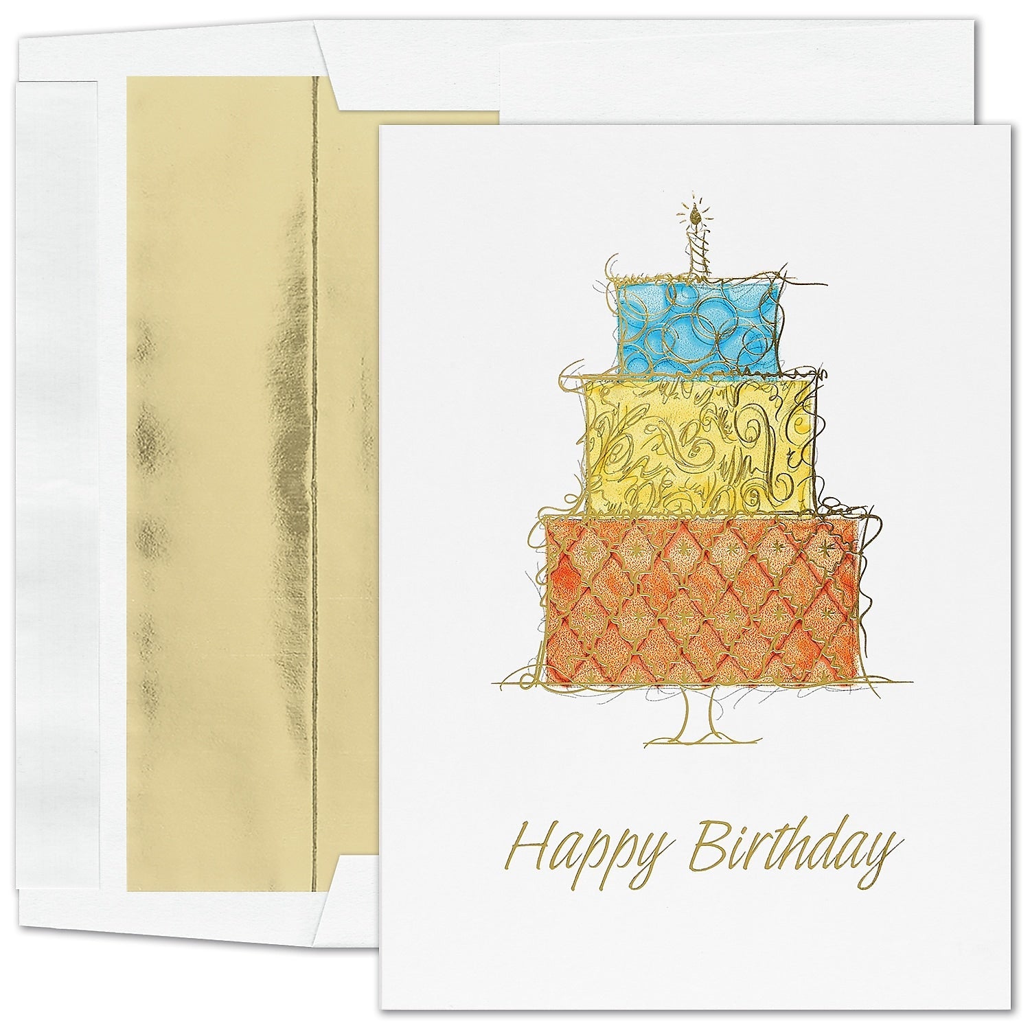 "Ornate Birthday" Birthday Card w/Gold Lined White, 100/BX