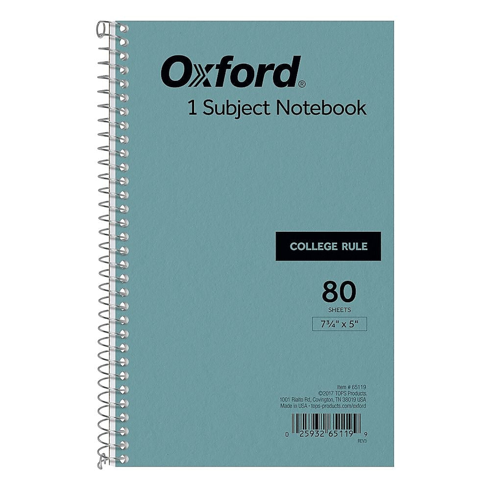 Oxford 1-Subject Notebooks, 5" x 7.75", College Ruled, 80 Sheets, Blue