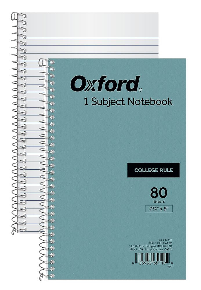 Oxford 1-Subject Notebooks, 5" x 7.75", College Ruled, 80 Sheets, Blue