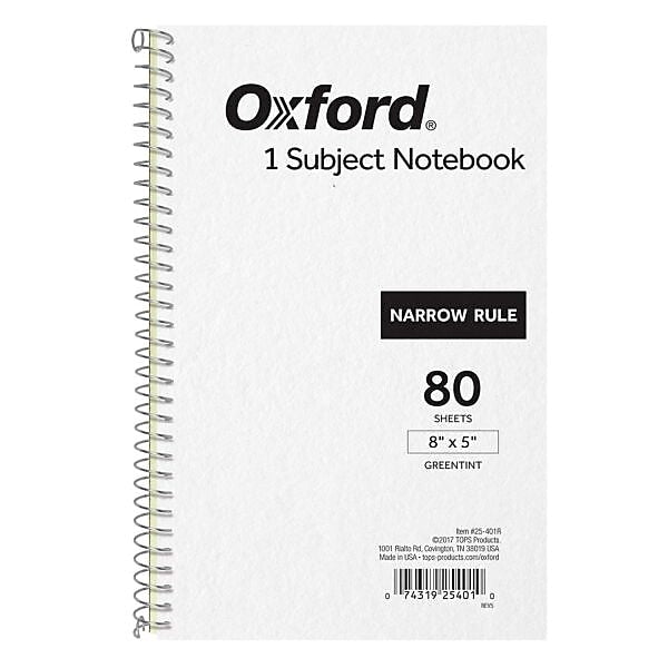 Oxford 1-Subject Notebooks, 5" x 8", Narrow Ruled, 80 Sheets, Gray