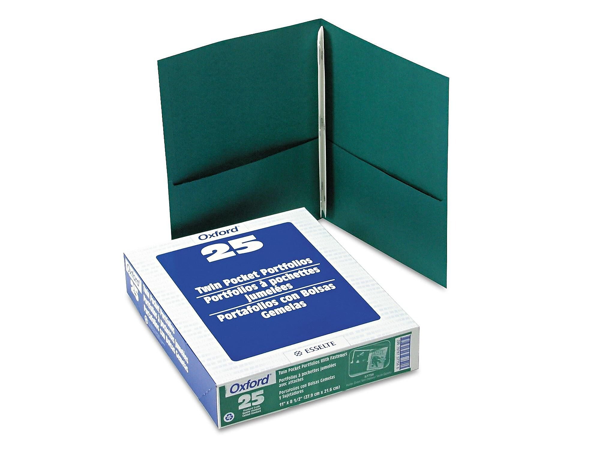 Oxford 2-Pocket Portfolio Folder with Fasteners, Hunter Green, 25/Box
