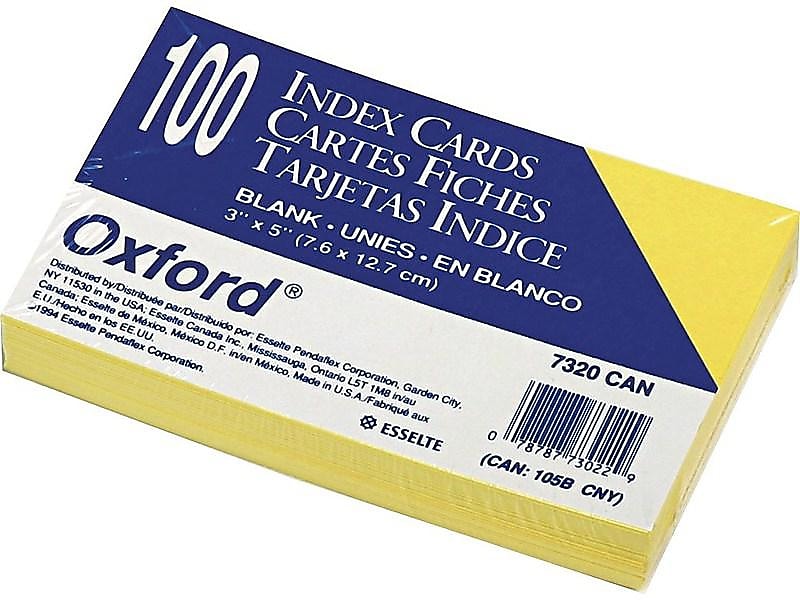 Oxford 3" x 5" Index Cards, Blank, Canary, 100/Pack