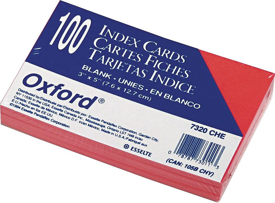 Oxford 3" x 5" Index Cards, Blank, Cherry, 100/Pack