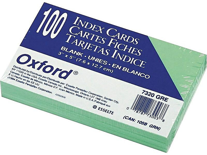 Oxford 3" x 5" Index Cards, Blank, Green, 100/Pack