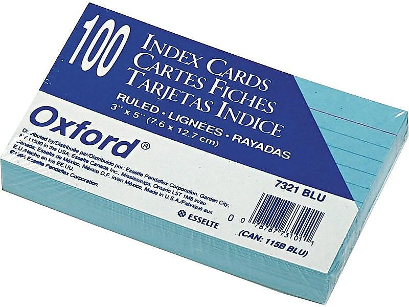 Oxford 3" x 5" Index Cards, Lined Blue, 100/Pack