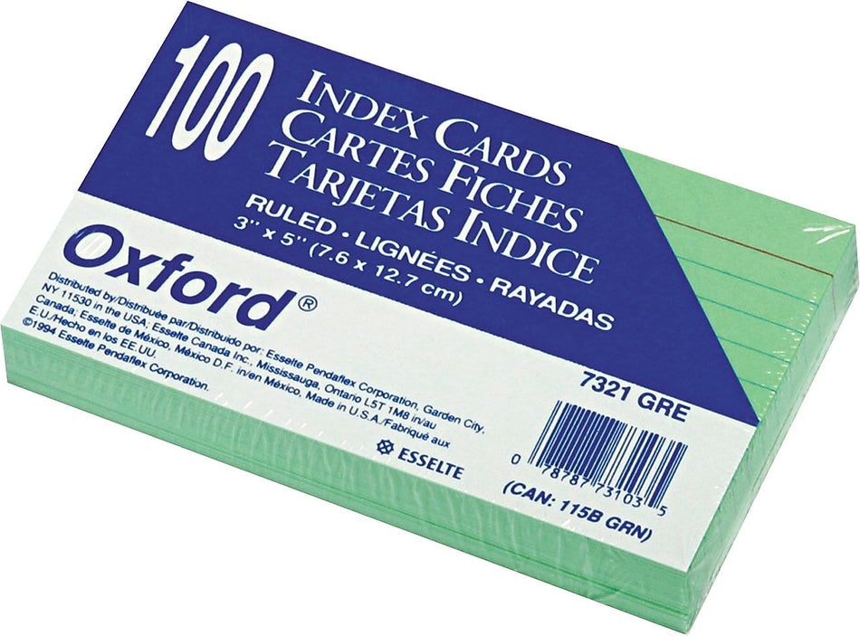 Oxford 3" x 5" Index Cards, Lined, Green, 100/Pack