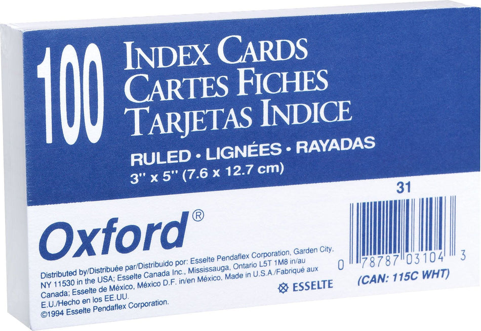 Oxford 3 x 5" Index Cards, Lined, White, 100/Pack