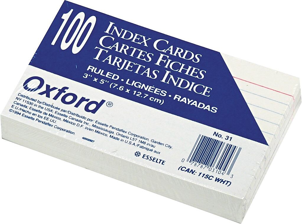 Oxford 3 x 5" Index Cards, Lined, White, 100/Pack