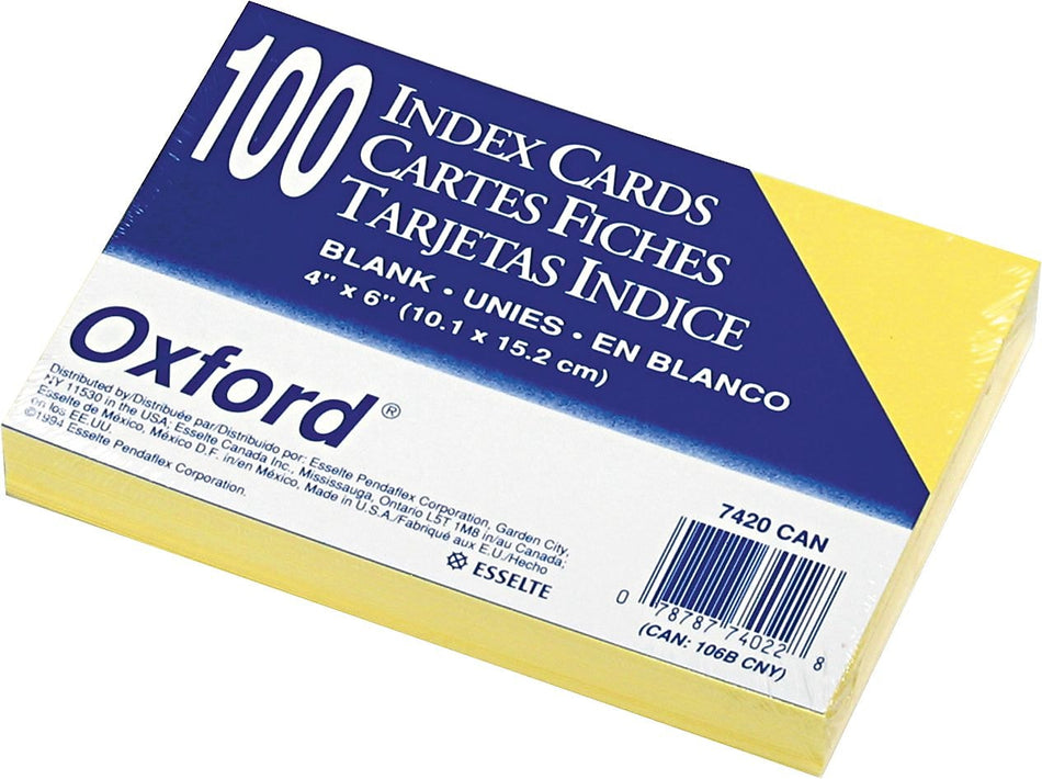 Oxford 4" x 6" Index Cards, Blank, Canary, 100/Pack