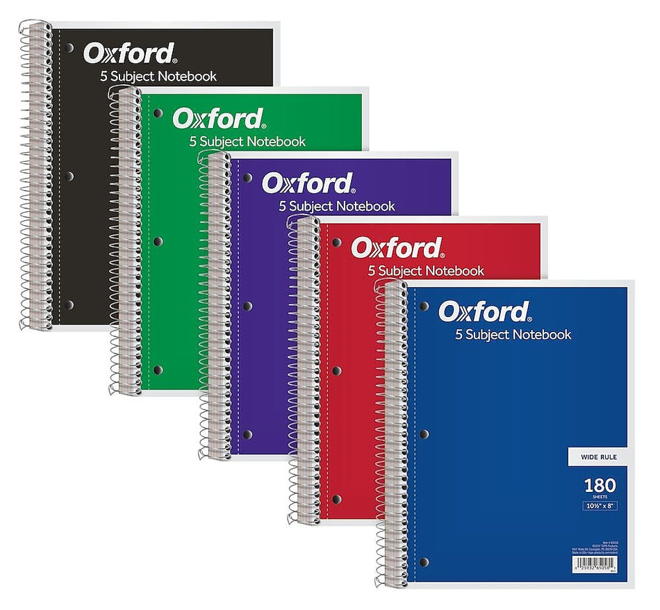 Oxford 5-Subject Subject Notebooks, 8" x 10.5", Wide Ruled, 180 Sheets, Each