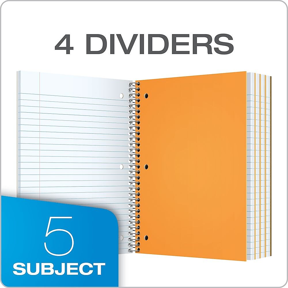 Oxford 5-Subject Subject Notebooks, 8" x 10.5", Wide Ruled, 180 Sheets, Each