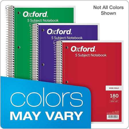 Oxford 5-Subject Subject Notebooks, 8" x 10.5", Wide Ruled, 180 Sheets, Each