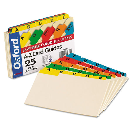 Oxford Laminated Tab Alpha Index Card Guides, 4" x 6", Manila, 25/Set