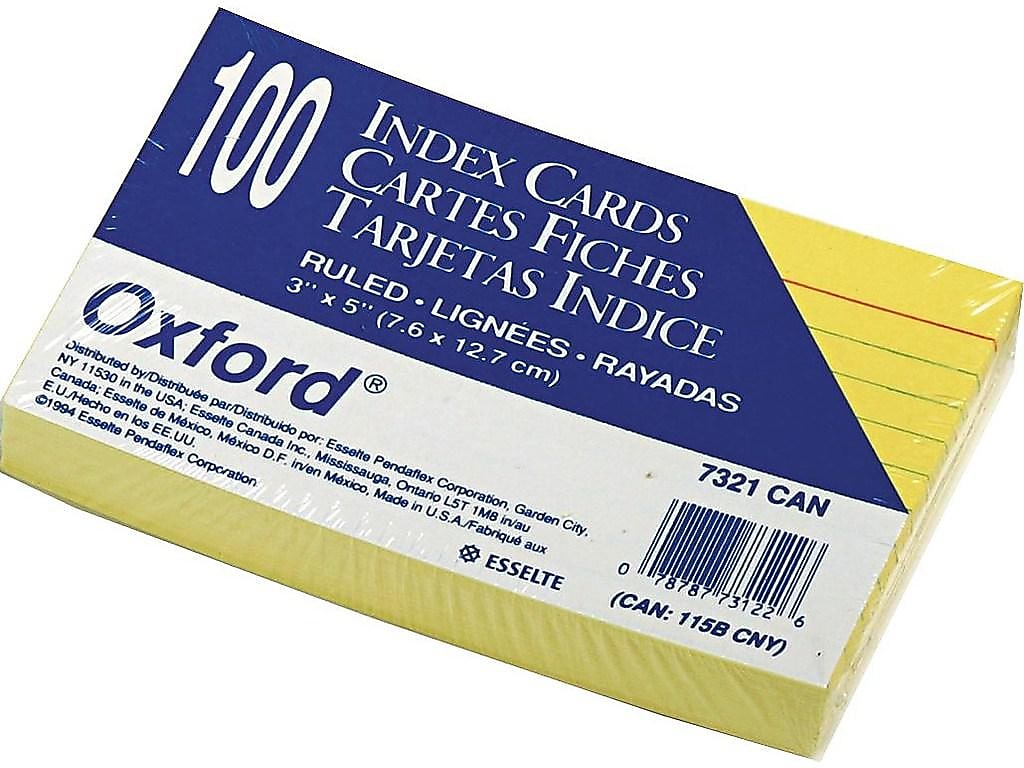 Oxford Ruled 3" x 5" Index Cards, Lined, Canary, 100/Pack