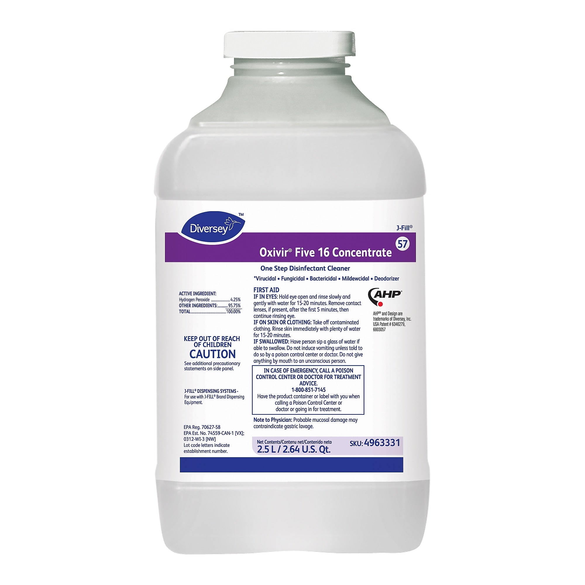Oxivir Five 16 Disinfectant for Diversey J-Fill, 2.5 L / 2.64 U.S. Qt., 2/Carton
