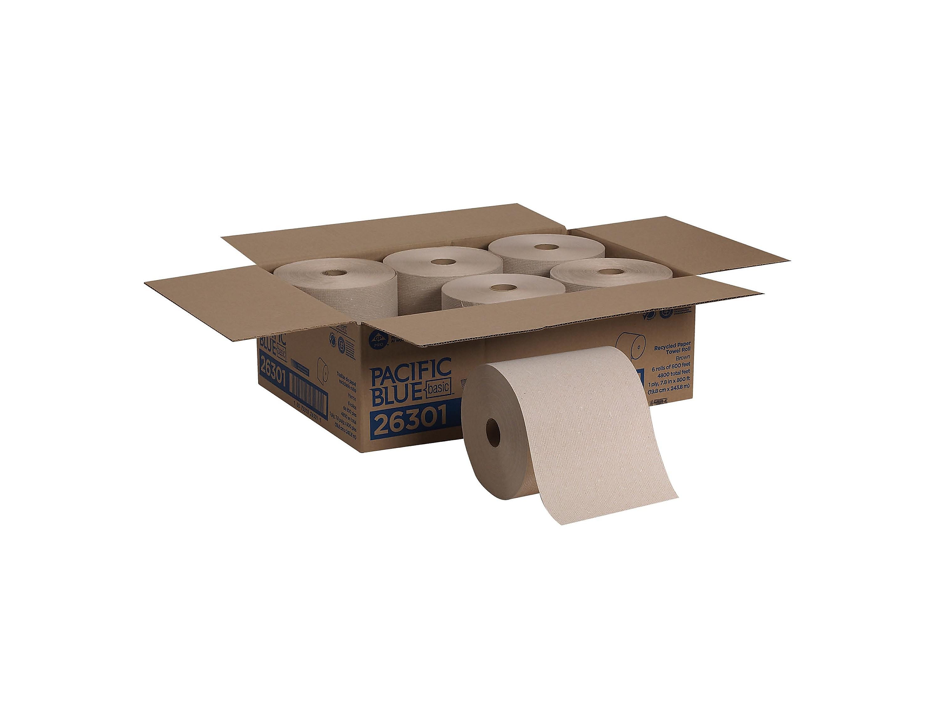 Pacific Blue Basic Recycled Hardwound Paper Towel, 1-Ply, Brown, 800'/Roll, 6 Rolls/Carton