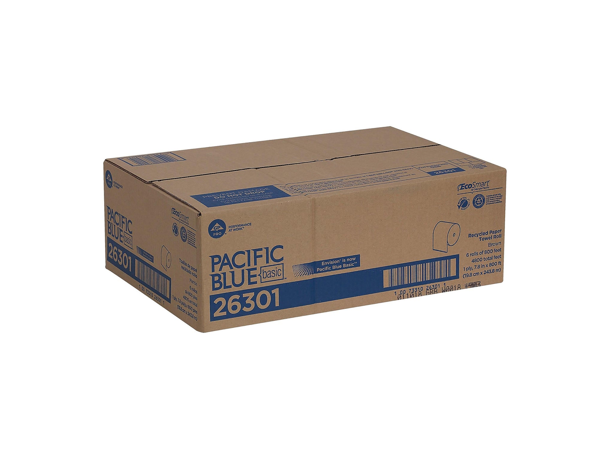 Pacific Blue Basic Recycled Hardwound Paper Towel, 1-Ply, Brown, 800'/Roll, 6 Rolls/Carton
