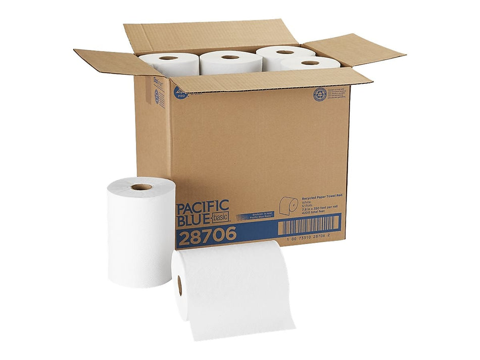 Pacific Blue Basic Recycled Hardwound Paper Towels, 1-ply, 350 ft./Roll, 12 Rolls/Carton