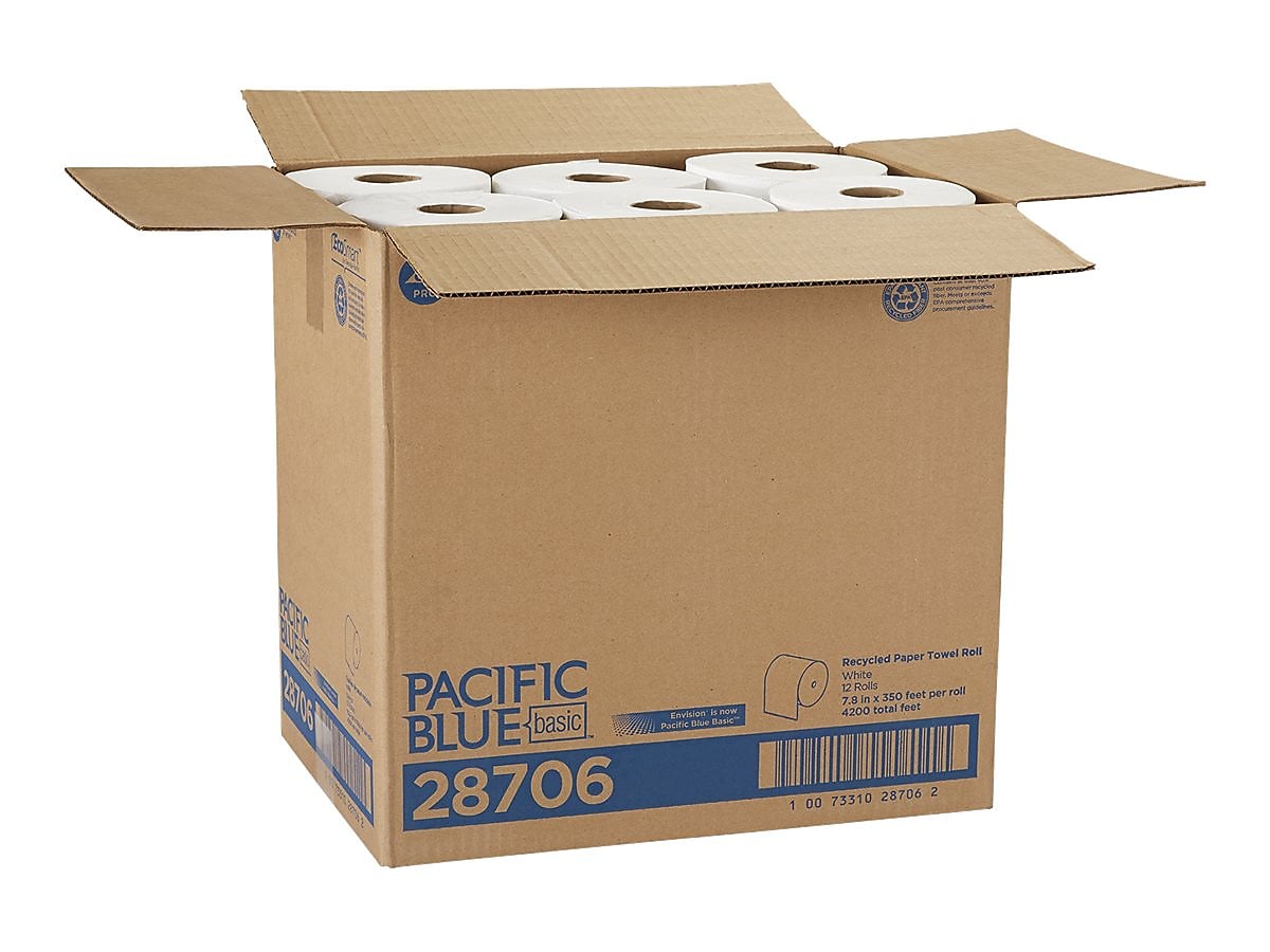 Pacific Blue Basic Recycled Hardwound Paper Towels, 1-ply, 350 ft./Roll, 12 Rolls/Carton