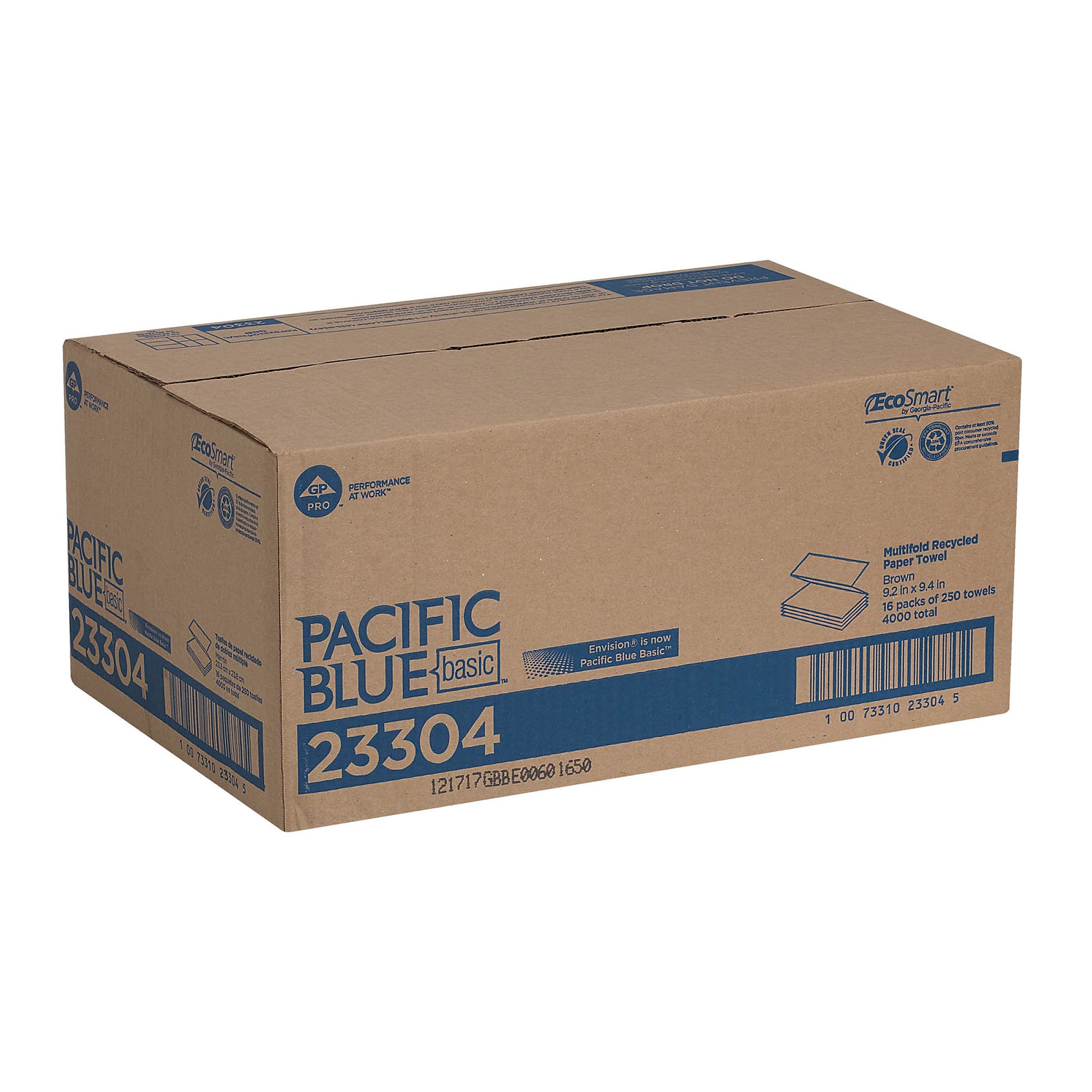 Pacific Blue Basic Recycled Multifold Paper Towel, 1-Ply, Brown, 250 Sheets/Pack, 16 Packs/Carton
