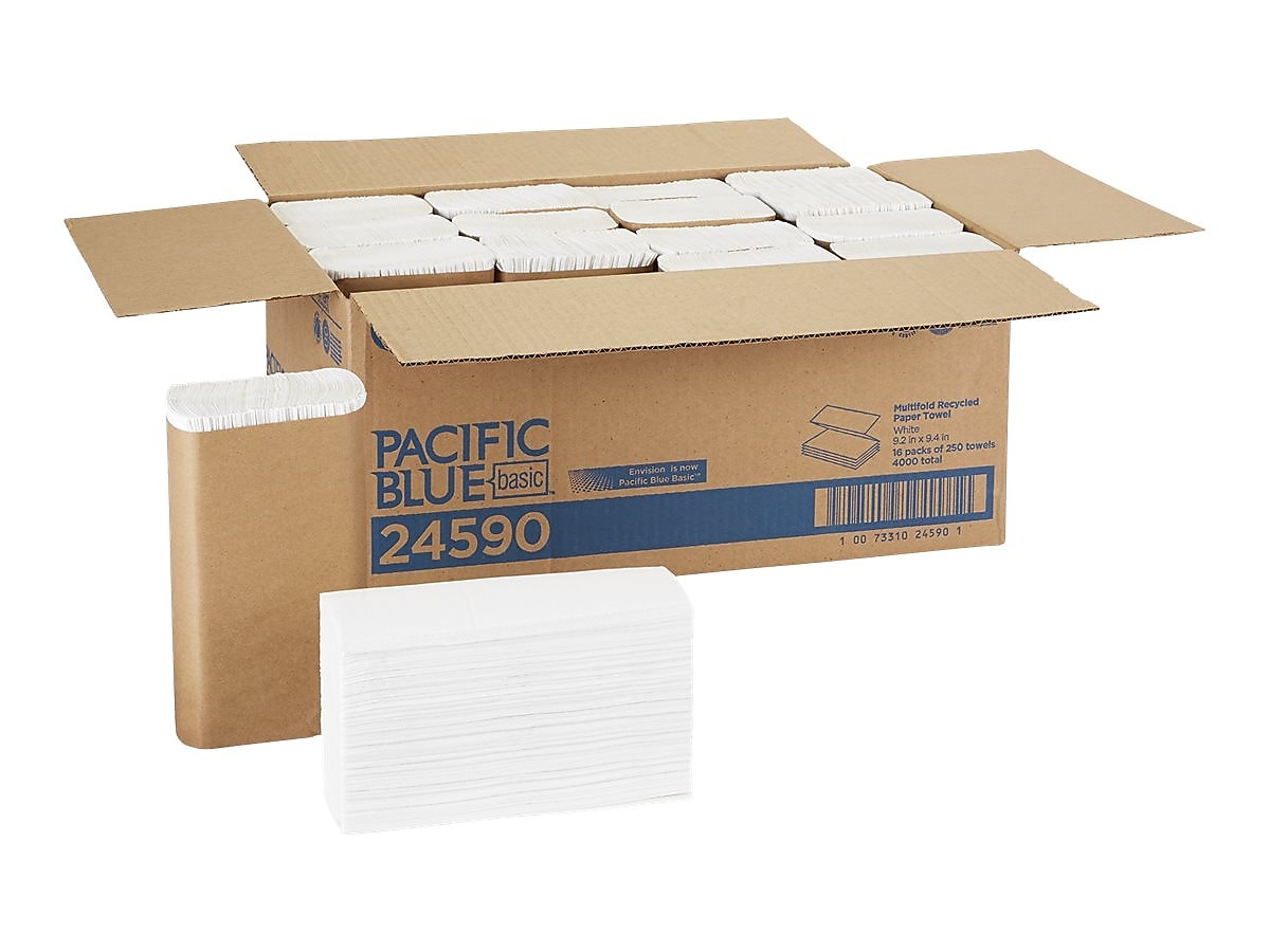 Pacific Blue Basic Recycled Multifold Paper Towel, 1-Ply, White, 250 Sheets/Pack, 16 Packs/Carton