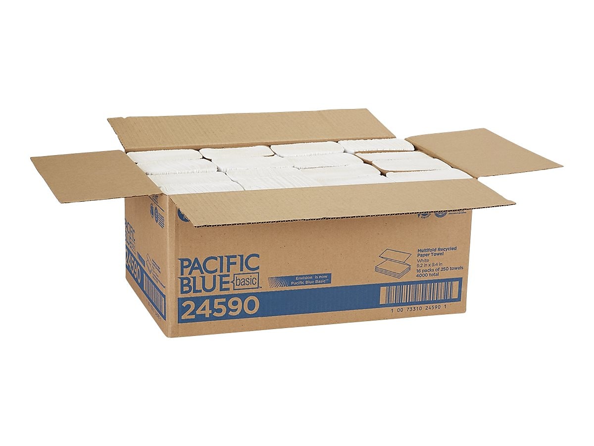 Pacific Blue Basic Recycled Multifold Paper Towel, 1-Ply, White, 250 Sheets/Pack, 16 Packs/Carton