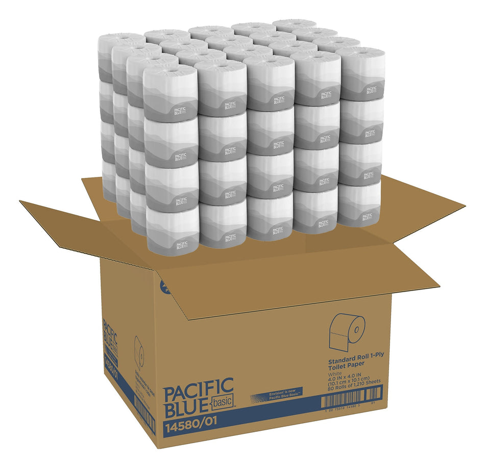 Pacific Blue Basic Recycled Toilet Paper, 1-Ply, White, 1210 Sheets/Roll, 80 Rolls/Carton