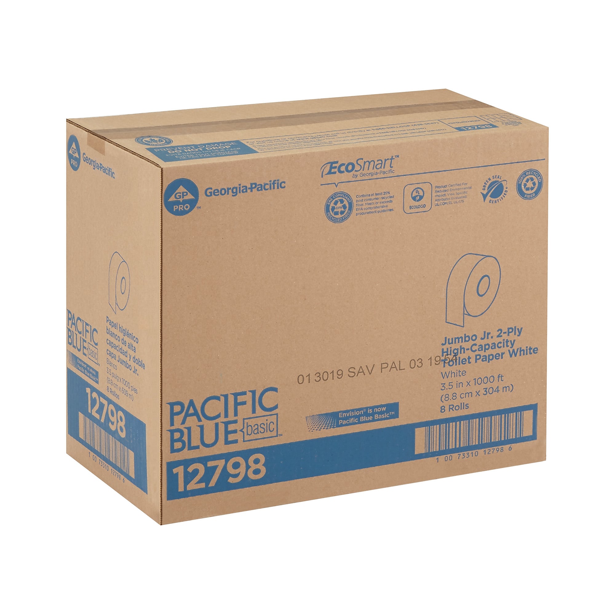 Pacific Blue Recycled Jumbo Jr. Toilet Paper, 2-Ply, White, 1000 ft./Roll, 8 Rolls/Carton