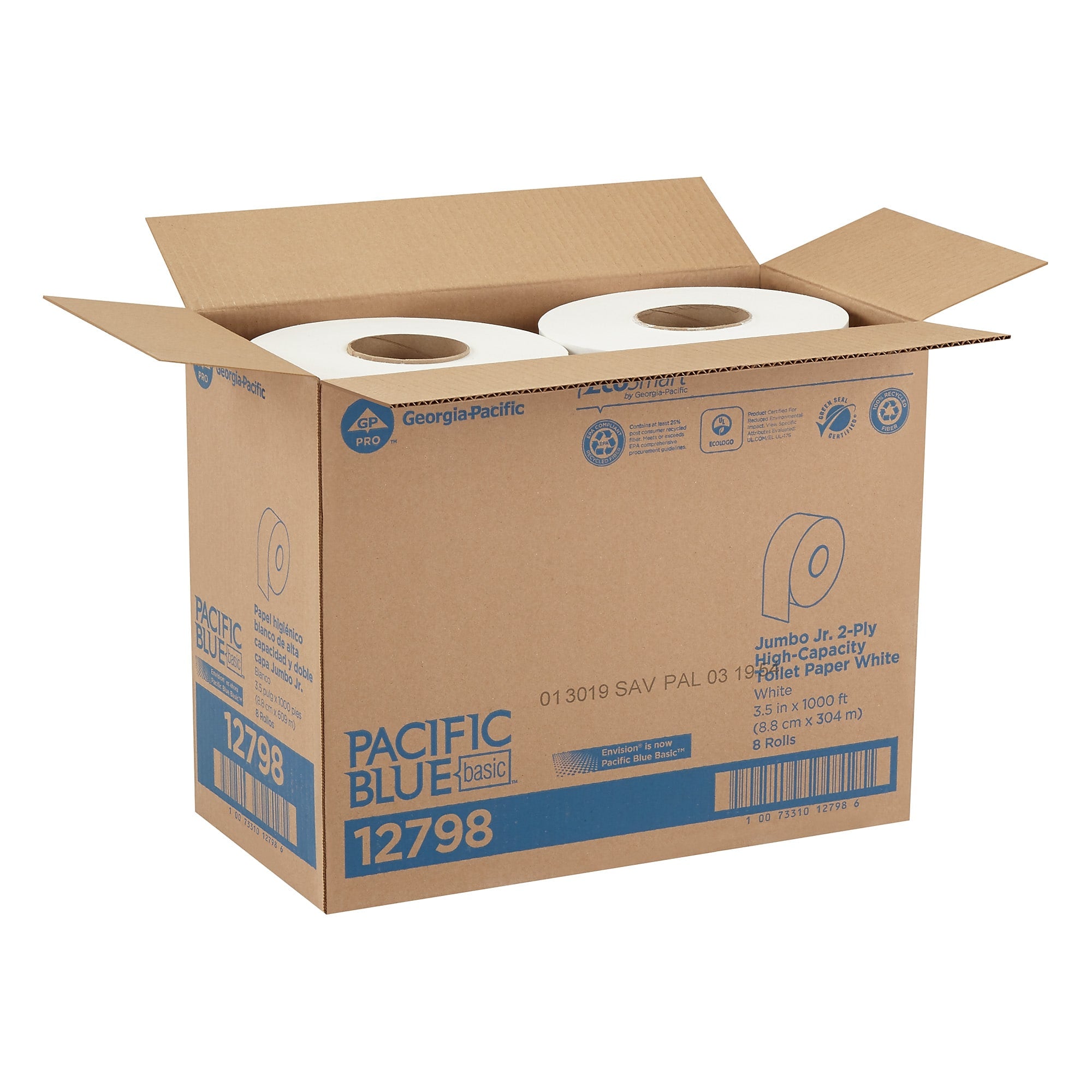 Pacific Blue Recycled Jumbo Jr. Toilet Paper, 2-Ply, White, 1000 ft./Roll, 8 Rolls/Carton
