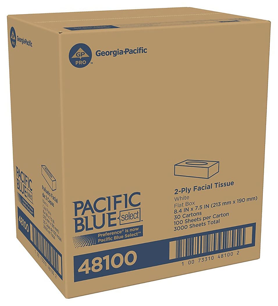 Pacific Blue Select Facial Tissue, 2-ply, 100 Tissues/Box, 30 Boxes/Carton