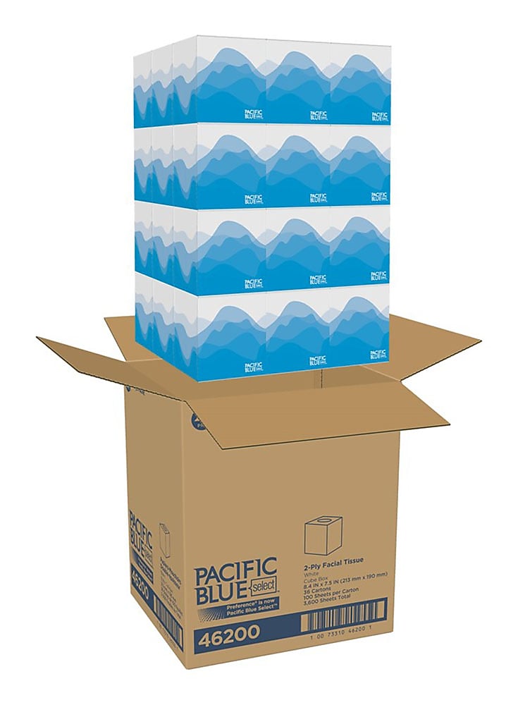 Pacific Blue Select Facial Tissue, 2-ply, 100 Tissues/Box, 36 Boxes/Pack