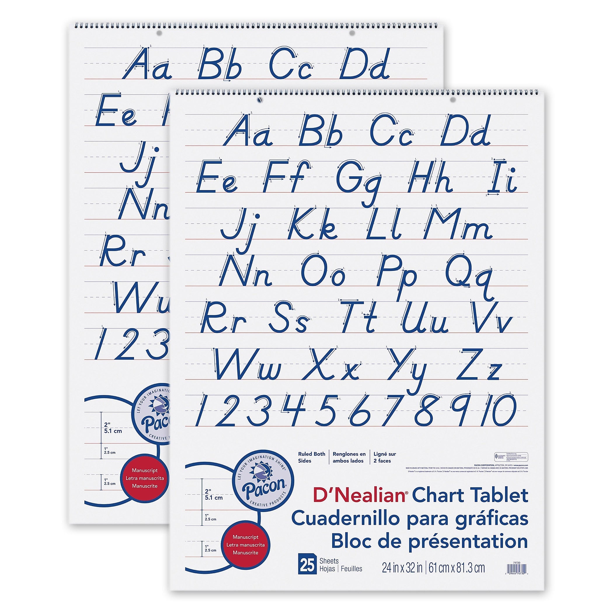 Pacon® D'Nealian Chart Tablet, Manuscript Cover, 2" Ruled 24" x 32", 25 Sheets, Pack of 2