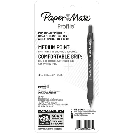 Paper Mate Ballpoint Pen, Profile Retractable Pen, Medium Point, Blue Ink, 4/Pack