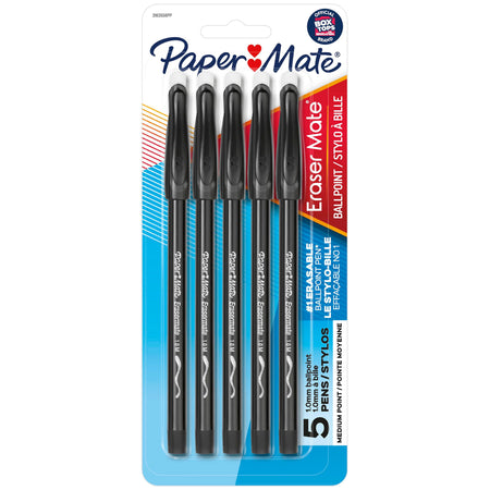 Paper Mate Eraser Mate Erasable Ballpoint Pen, Medium Point, Black Ink, 5/Pack