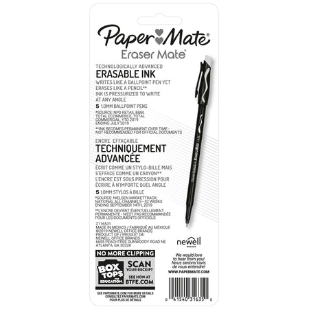 Paper Mate Eraser Mate Erasable Ballpoint Pen, Medium Point, Black Ink, 5/Pack