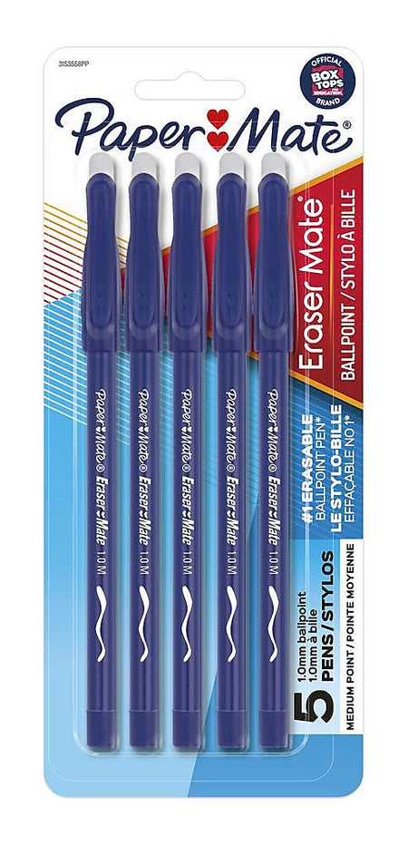 Paper Mate Eraser Mate Erasable Ballpoint Pen, Medium Point, Blue Ink, 5/Pack