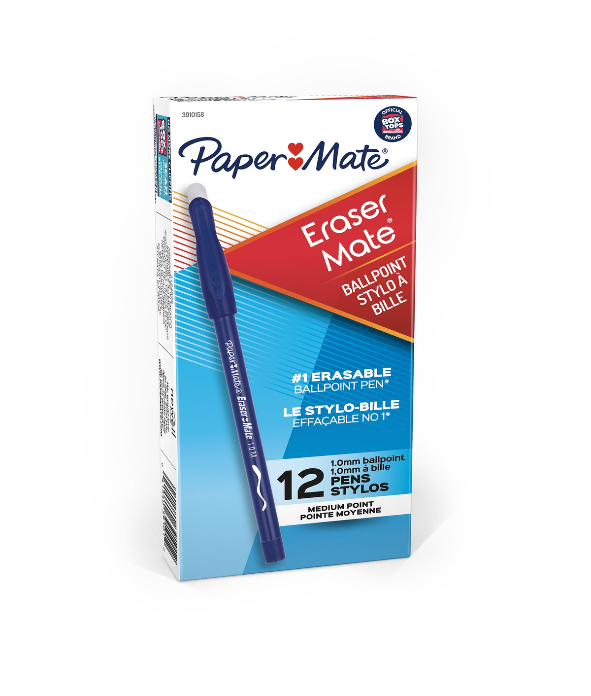 Paper Mate Eraser Mate Erasable Ballpoint Pen, Medium Point, Blue Ink, Dozen