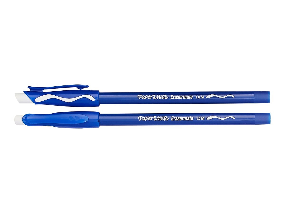 Paper Mate Eraser Mate Erasable Ballpoint Pen, Medium Point, Blue Ink, Dozen