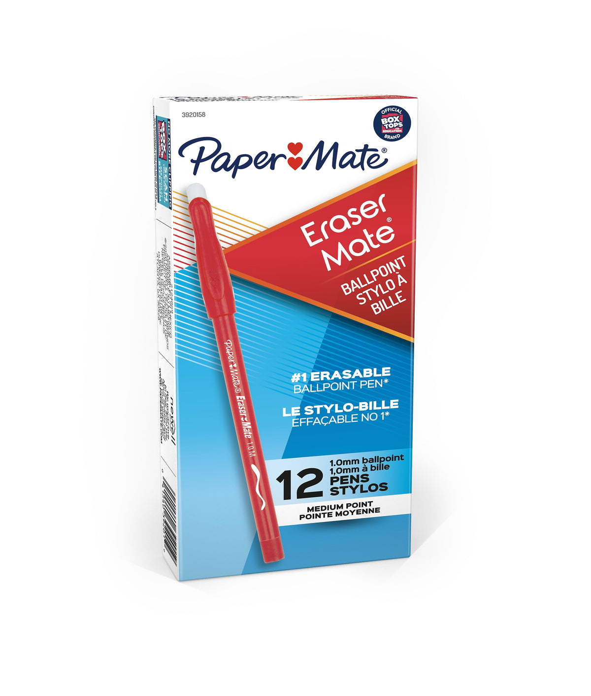 Paper Mate Eraser Mate Erasable Ballpoint Pen, Medium Point, Red Ink, Dozen