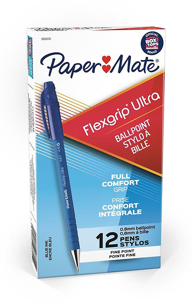 Paper Mate FlexGrip Ultra Ballpoint Pen, Fine Point, Blue Ink, Dozen