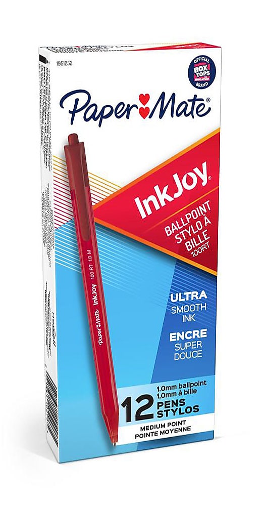 Paper Mate InkJoy 100 Retractable Ballpoint Pen, Medium Point, Red Ink, 12/Pack