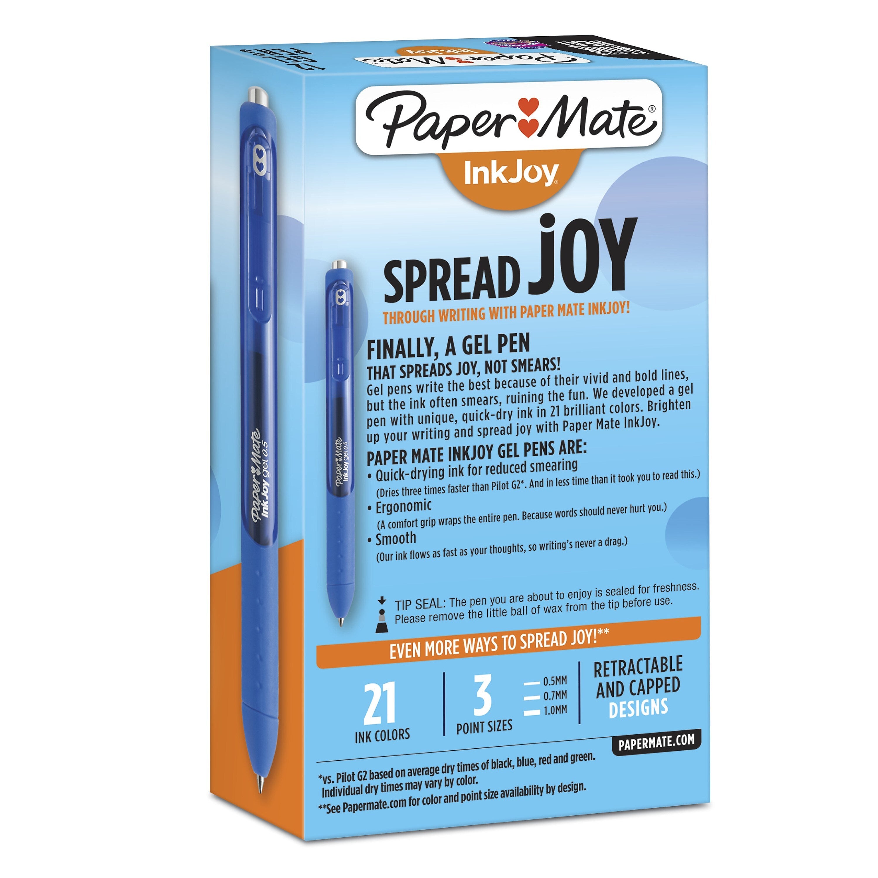 Paper Mate InkJoy Retractable Gel Pen, Fine Point, Blue Ink, Dozen