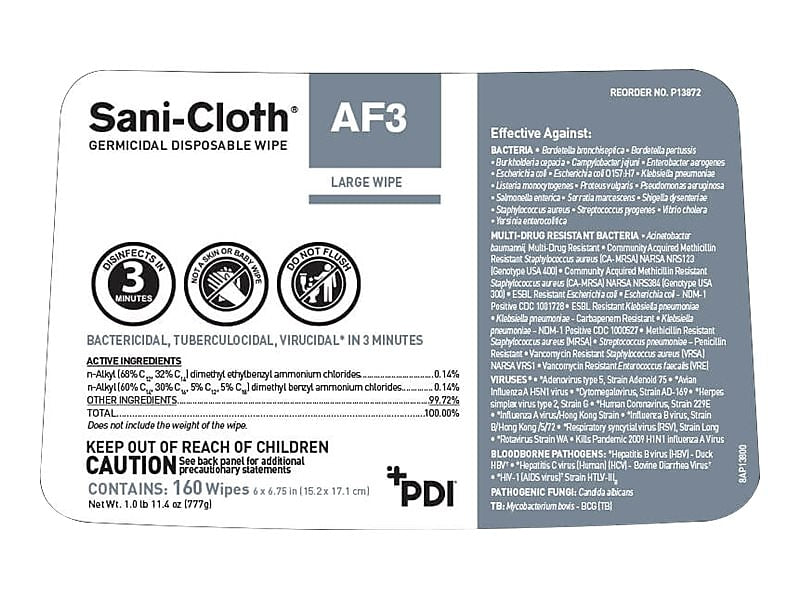 PDI Sani-Cloth AF3 Disinfecting Wipes, 160 Wipes/Container, 160/Pack