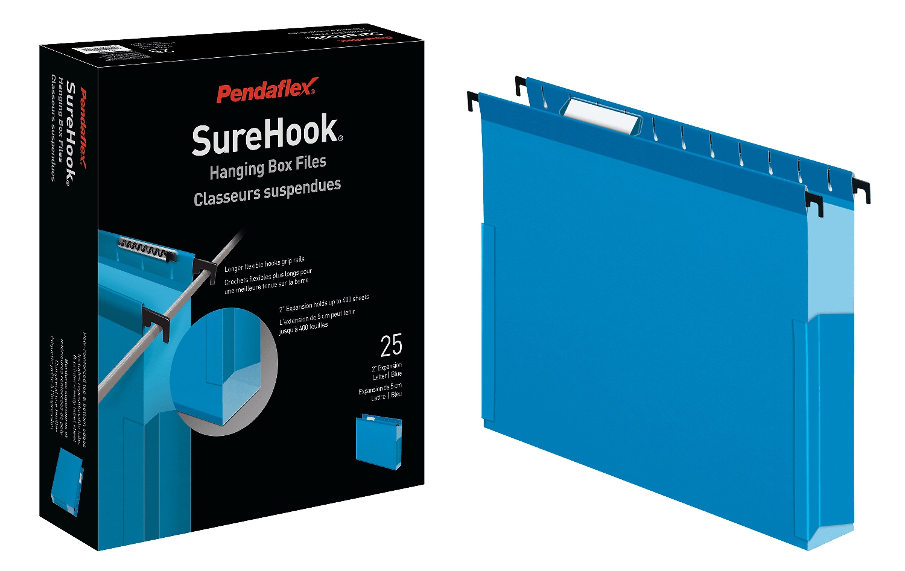 Pendaflex SureHook Reinforced Box Bottom Hanging File Folder, 1/5-Cut Tab, Letter Size, Blue, 25/Box