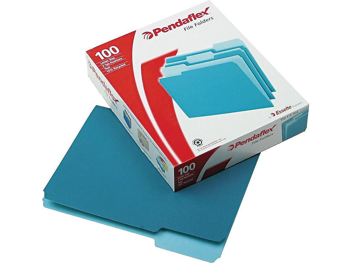 Pendaflex Two-Tone File Folders, 3-Tab, Letter Size, Teal, 100/Box