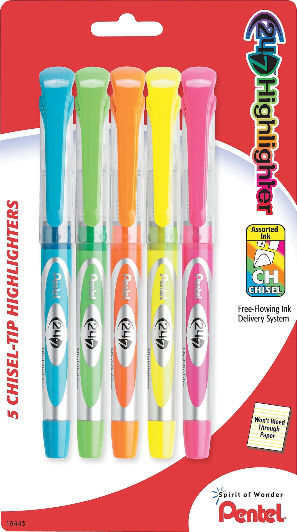 Pentel 24/7™ Highlighter, Chisel Tip, Assorted Barrel, Assorted Ink, 5/Pack